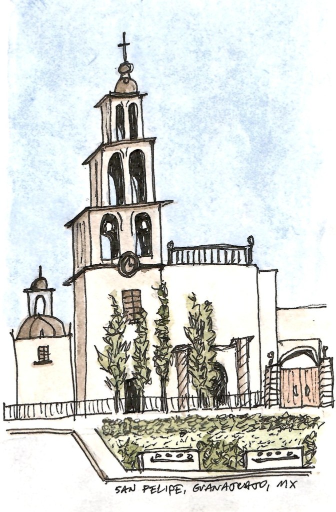 A pen-and-ink watercolor illustration of the main church in main plaza of San Felipe, Guanajuato, Mexico.