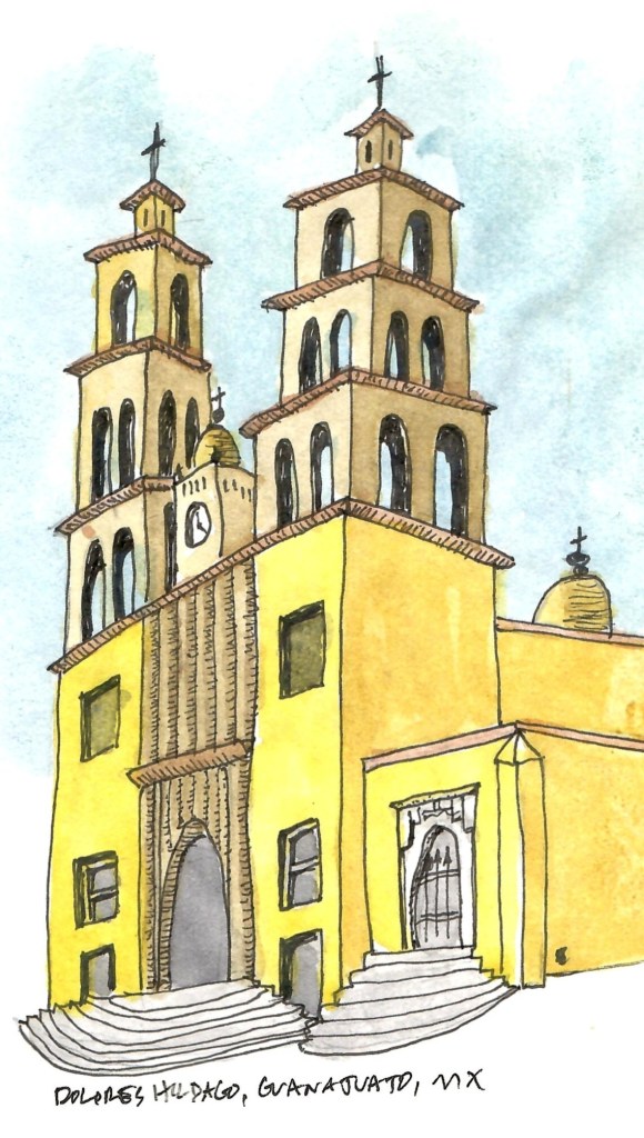 A pen-and-ink watercolor illustration of the main church in main plaza of Dolores Hidalgo, Mexico.