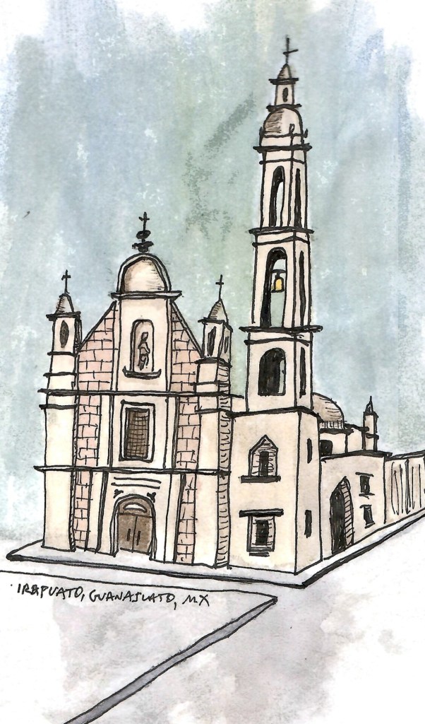 A pen-and-ink watercolor illustration of the main church in main plaza of Irapuato, Mexico.