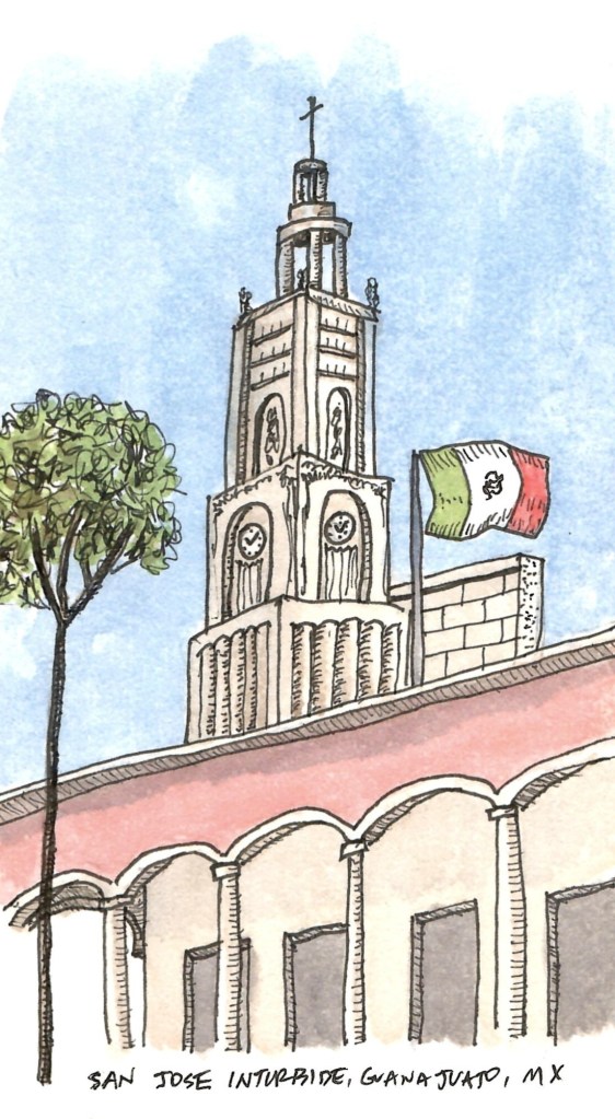 Pen-and-ink watercolor sketch of a church tower in San Jose Inturbide. A Mexican flag flies from a nearby pole.