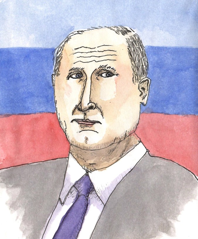 An illustration of a narrow-eyed Vladimir Putin leering off at something suspicious to his far left.