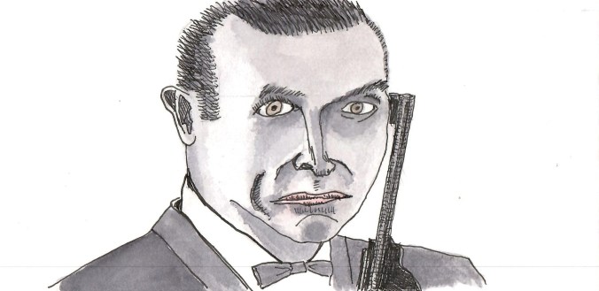 A shoulder-up illustration of Sean Connery as James Bond 007. Bond wears a tuxedo and holds a long-barreled black gun up against his cheek.