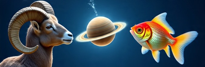 A rams head, the planet Saturn, and a floating gold fish.