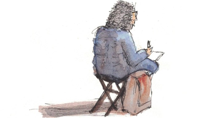 A retired woman sitting on a portable stool, sketching in her notebook. She sits with her back to us, giving a glimpse over her shoulder of what she might be drawing.