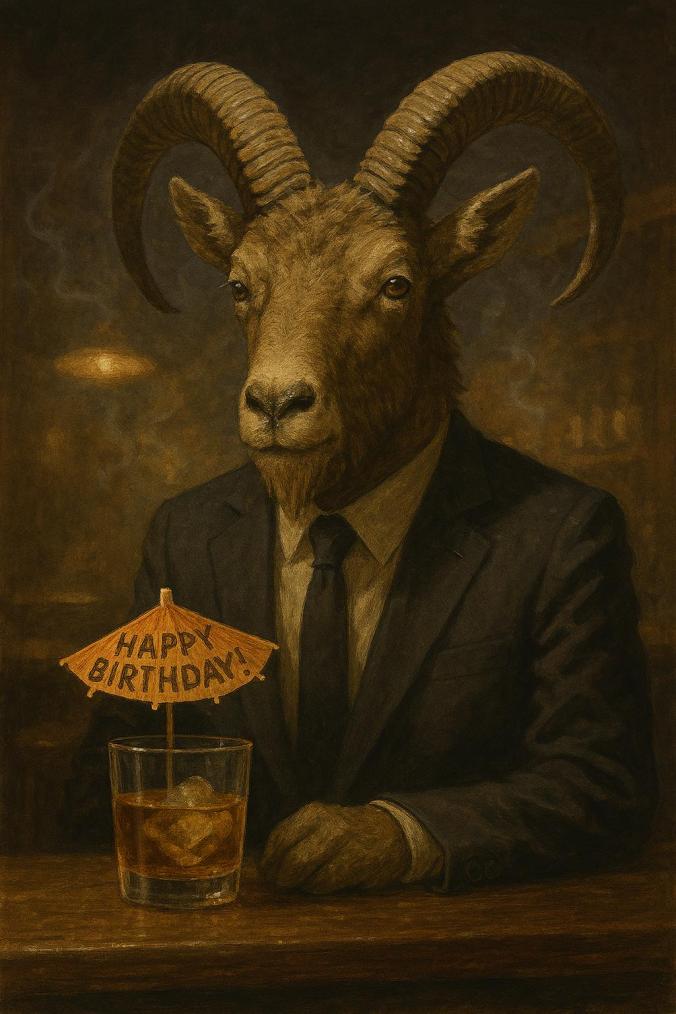Mountain goat in a suit and tie seated at a smoky bar with a whiskey glass and birthday umbrella.